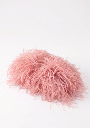 Peach Feather Bag, a dusty pink ostrich feather clutch, side view.