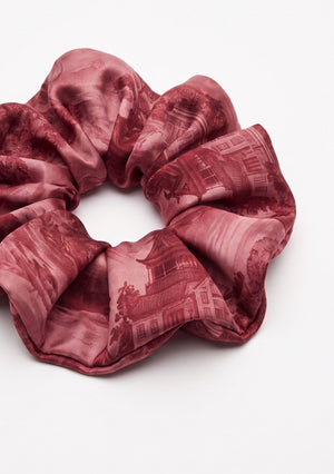 Crimson Dusk oversized scrunchie in deep burgundy landscape print with pagodas and mountains