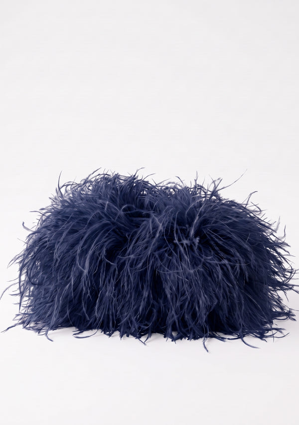 Ocean Feather Bag front view in voluminous navy ostrich feathers.