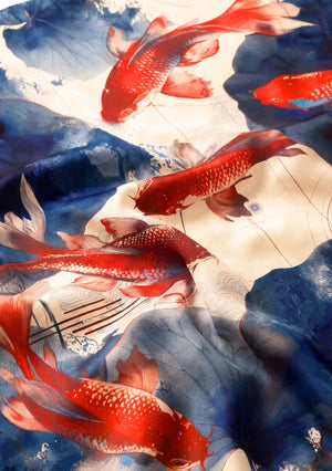 Close-up of the Sumi Scarf print, red koi fish weaving between deep indigo lotus pads on cream silk draped in soft folds
