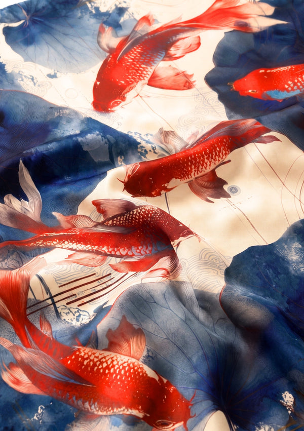 Close-up of the Sumi Scarf print, red koi fish weaving between deep indigo lotus pads on cream silk draped in soft folds