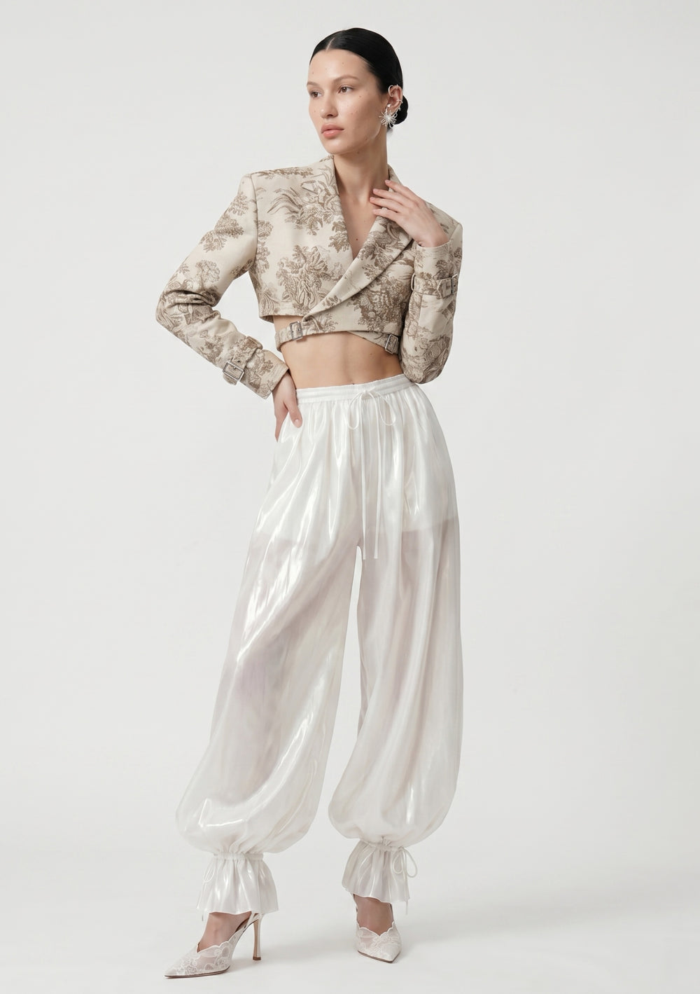 Lunaria Pants ivory balloon pants front view with drawstring waist styled with Savoy Blazer editorial