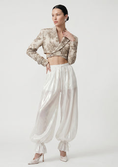 Lunaria Pants ivory balloon pants front view with drawstring waist styled with Savoy Blazer editorial