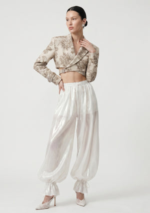 Sirocco Pants ivory balloon pants front view with drawstring waist styled with Savoy Blazer editorial