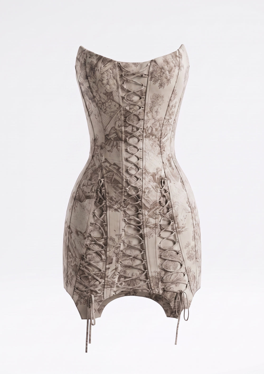 Ivoria toile corset mini dress on model, strapless boned bodice with centre and side lace-up panels and a tab hem with hanging ties, worn with sheer stockings
