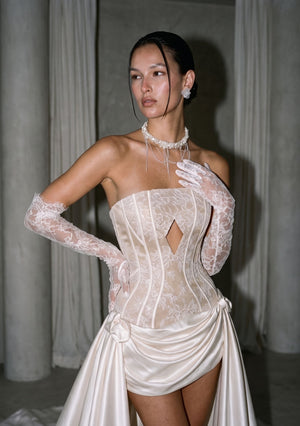 Anthurium Dress lace corset with the keyhole and the satin train gathered at the hips with fabric flowers