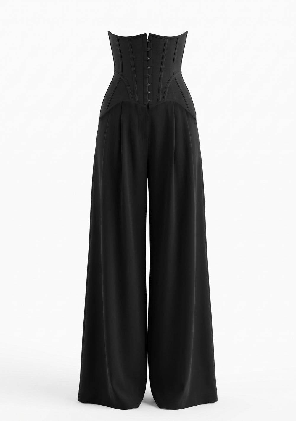 Black corset trousers with busk front closure, worn with a blush satin blouse, full-length front view.