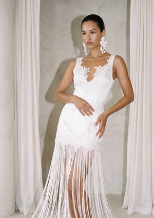 Lily fringe bridal dress, front view showing the fringe in motion