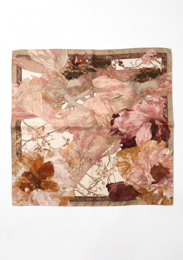 Nimue silk scarf shown flat as a full square, Art Nouveau muses among peonies on ivory inside a taupe floral border