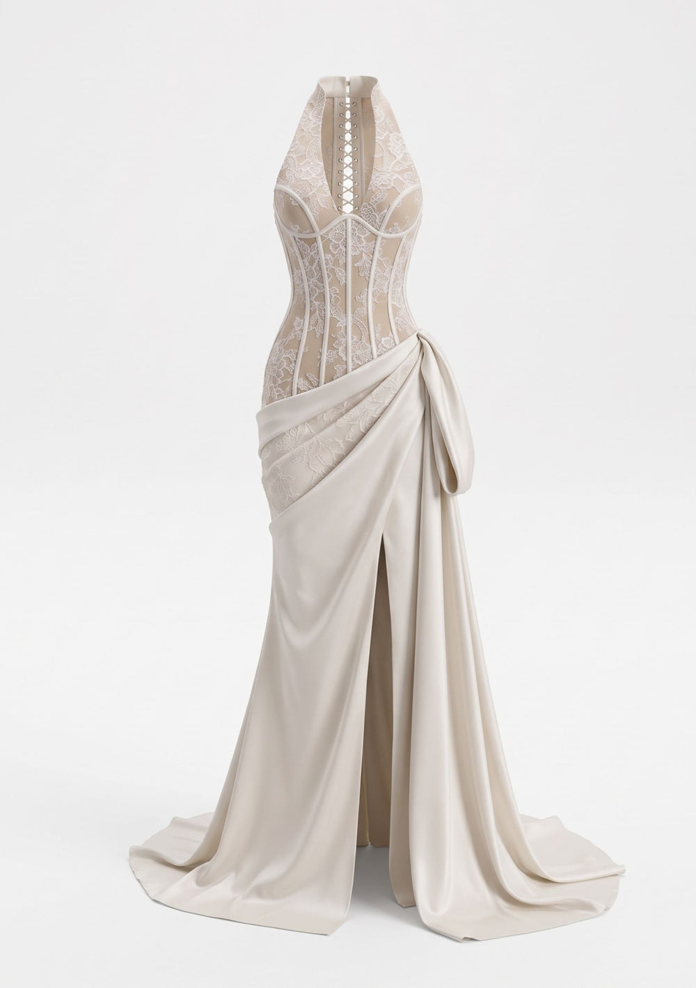 Calla Dress front view: lace halter corset with a deep V-neckline and milk satin skirt, styled with lace opera gloves