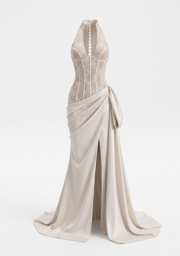 Calla Dress on a white background: lace halter corset mini with the detachable milk satin skirt knotted at the hip