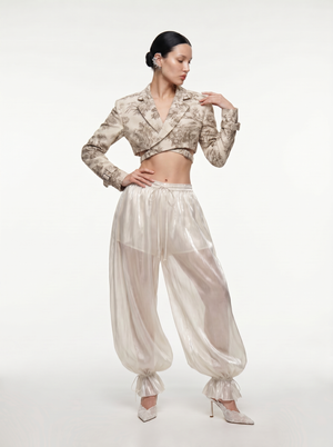 Lunaria Pants ivory semi-sheer wide leg trousers with Savoy Blazer three quarter view