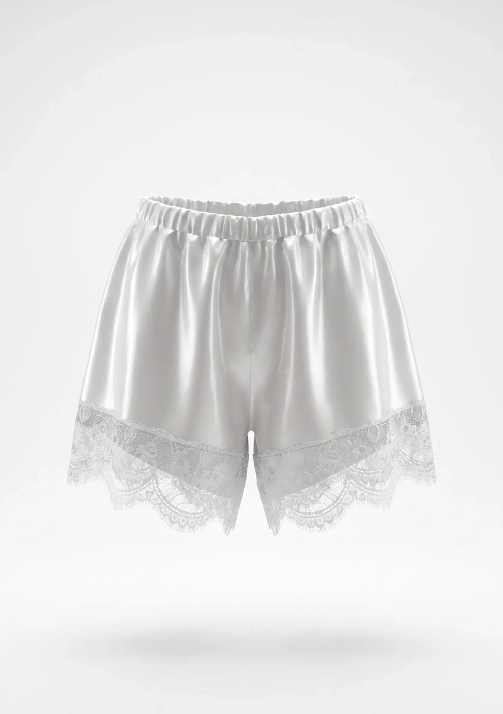 White satin lace trim shorts front view on model, styled with a pastel printed lace-up corset and sheer knee-high stockings