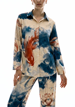 Sumi Set cropped front view of the satin shirt, buttoned placket and large vermilion koi across the blue ink-wash print