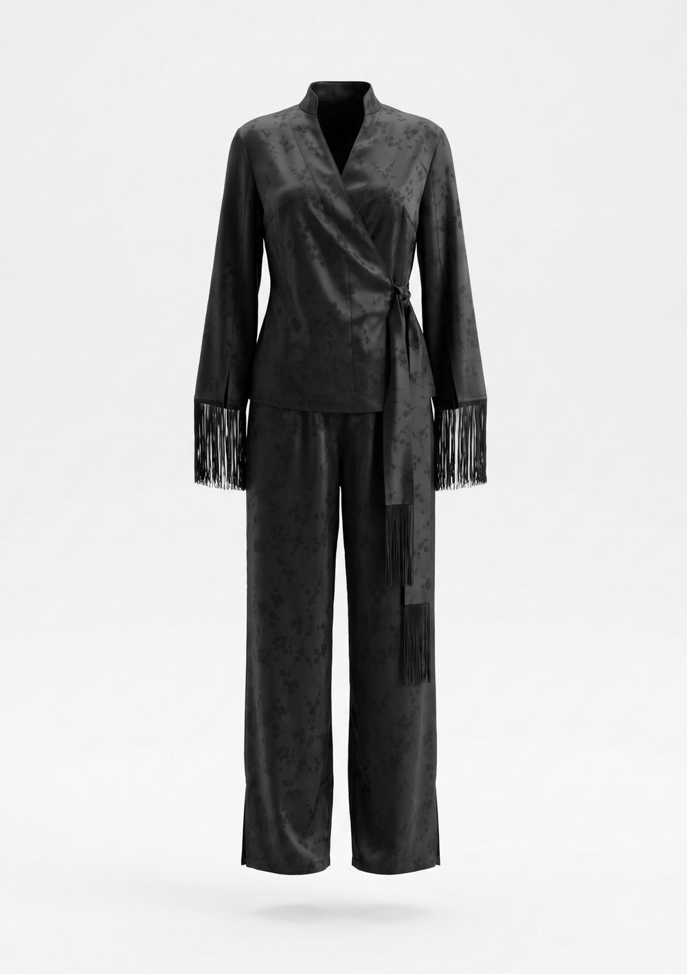 Tenebrae Set on model, full-length front view of the black jacquard wrap top with fringed cuffs and side sash, matching wide-leg trousers