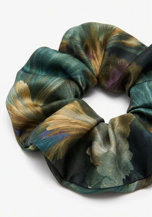 Sylvara oversized scrunchie in forest green botanical print with bronze and muted violet