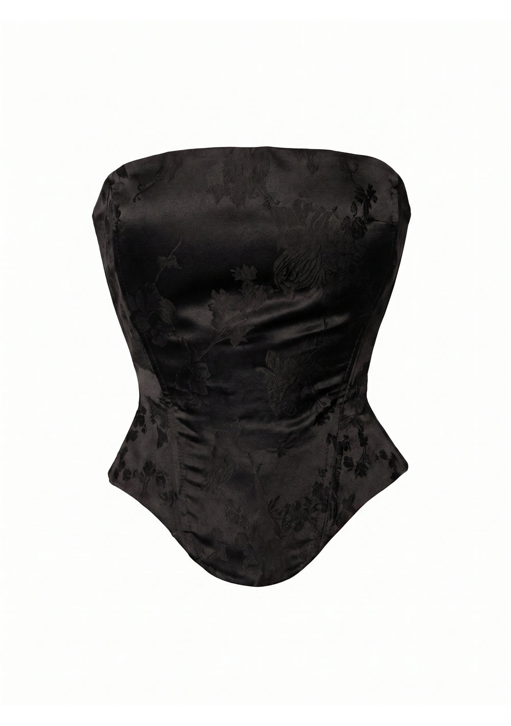 Spell Corset in black satin jacquard, strapless with a dipped front hem, worn with the Spell Skirt and black lace opera gloves.