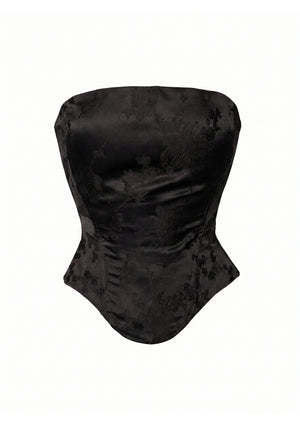 Spell Corset product shot: black satin jacquard with a tonal motif, straight neckline and pointed front hem.