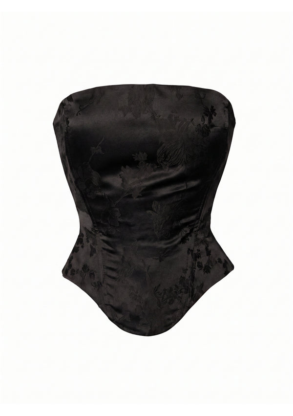 Spell Corset product shot: black satin jacquard with a tonal motif, straight neckline and pointed front hem.