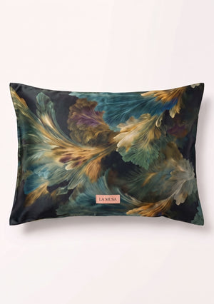 Sylvara 51 x 66 cm pillowcase in forest green botanical print with bronze and muted violet with soft peach-pink LA MUSA tag