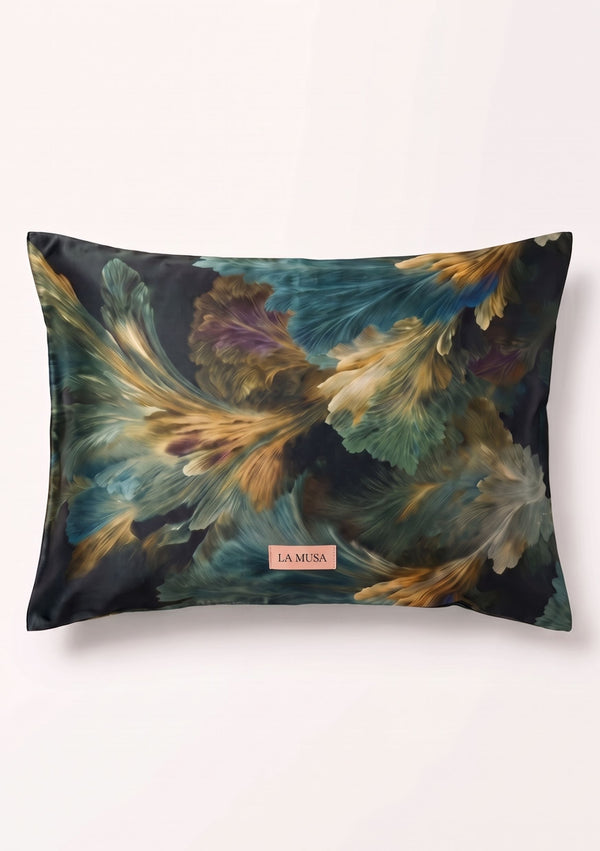 Sylvara 51 x 66 cm pillowcase in forest green botanical print with bronze and muted violet with soft peach-pink LA MUSA tag