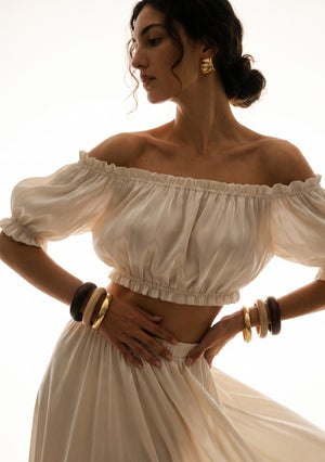 Sirocco cream satin-chiffon crop top with off-shoulder ruffle neckline