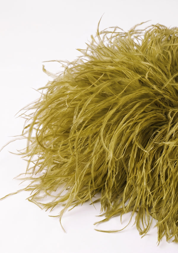 Close-up of the olive green ostrich feathers on the Olive Feather Bag.