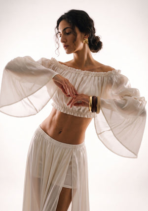Sirocco detachable satin-chiffon sleeves worn with the Sirocco set, front-angled view