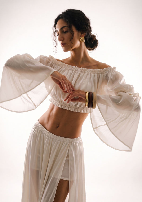 Sirocco detachable satin-chiffon sleeves worn with the Sirocco set, front-angled view