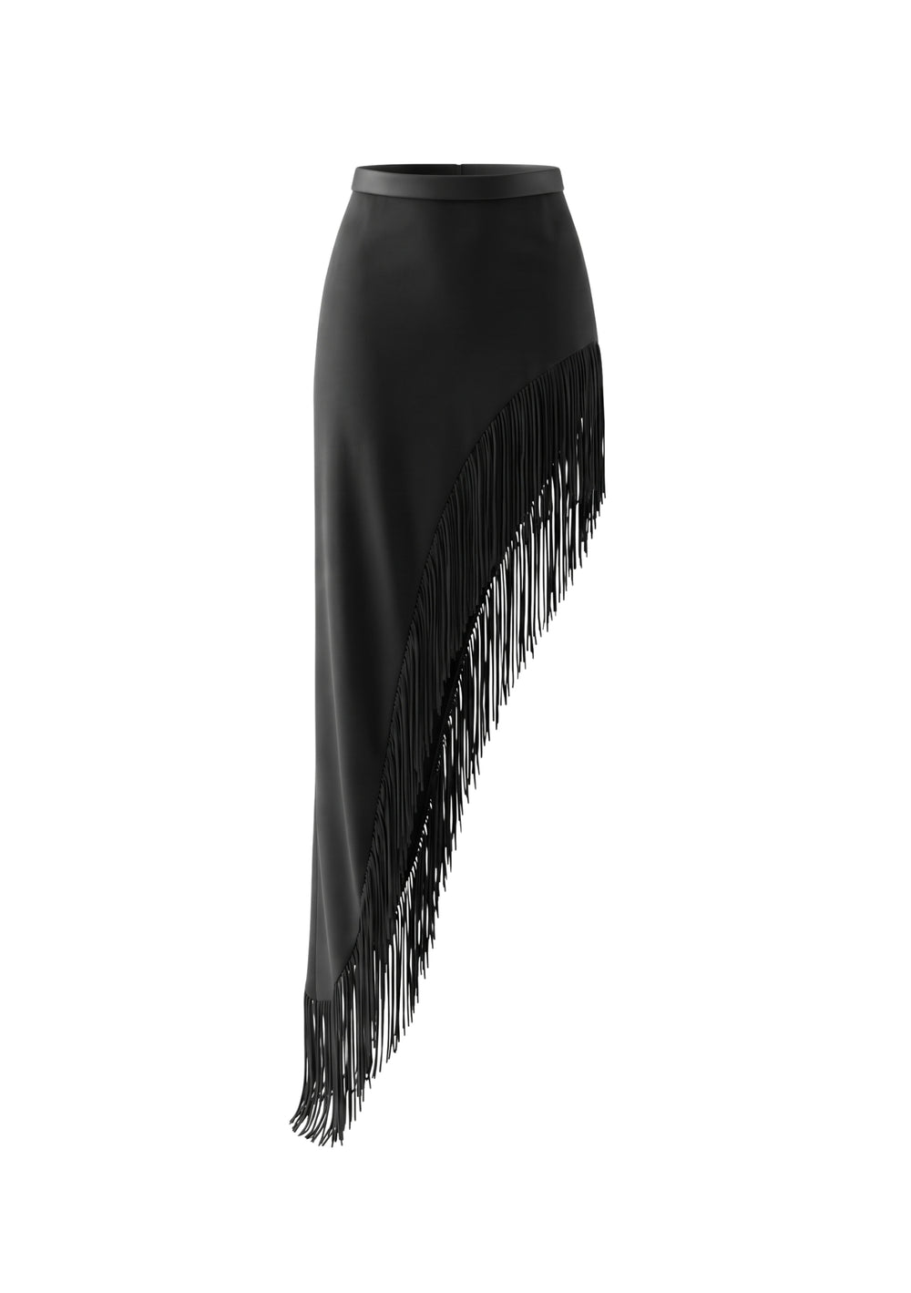 Spell Skirt black fringe maxi skirt with a high slit, worn with the Spell Corset and lace opera gloves, full-length view.