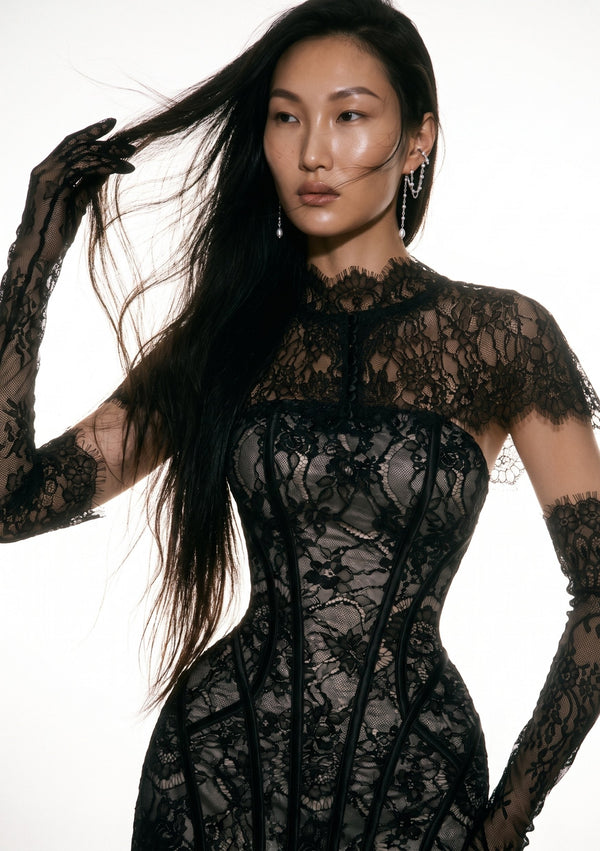 Eclipse Cape worn over a black lace corset with matching lace gloves, front three-quarter view