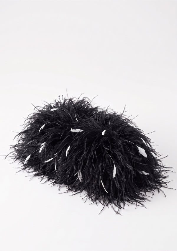 Black Feather Bag, an ostrich feather clutch in black with scattered white feathers, top view.