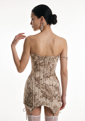 Ivoria dress back three quarter view showing toile pastoral scenes and boned corset seams