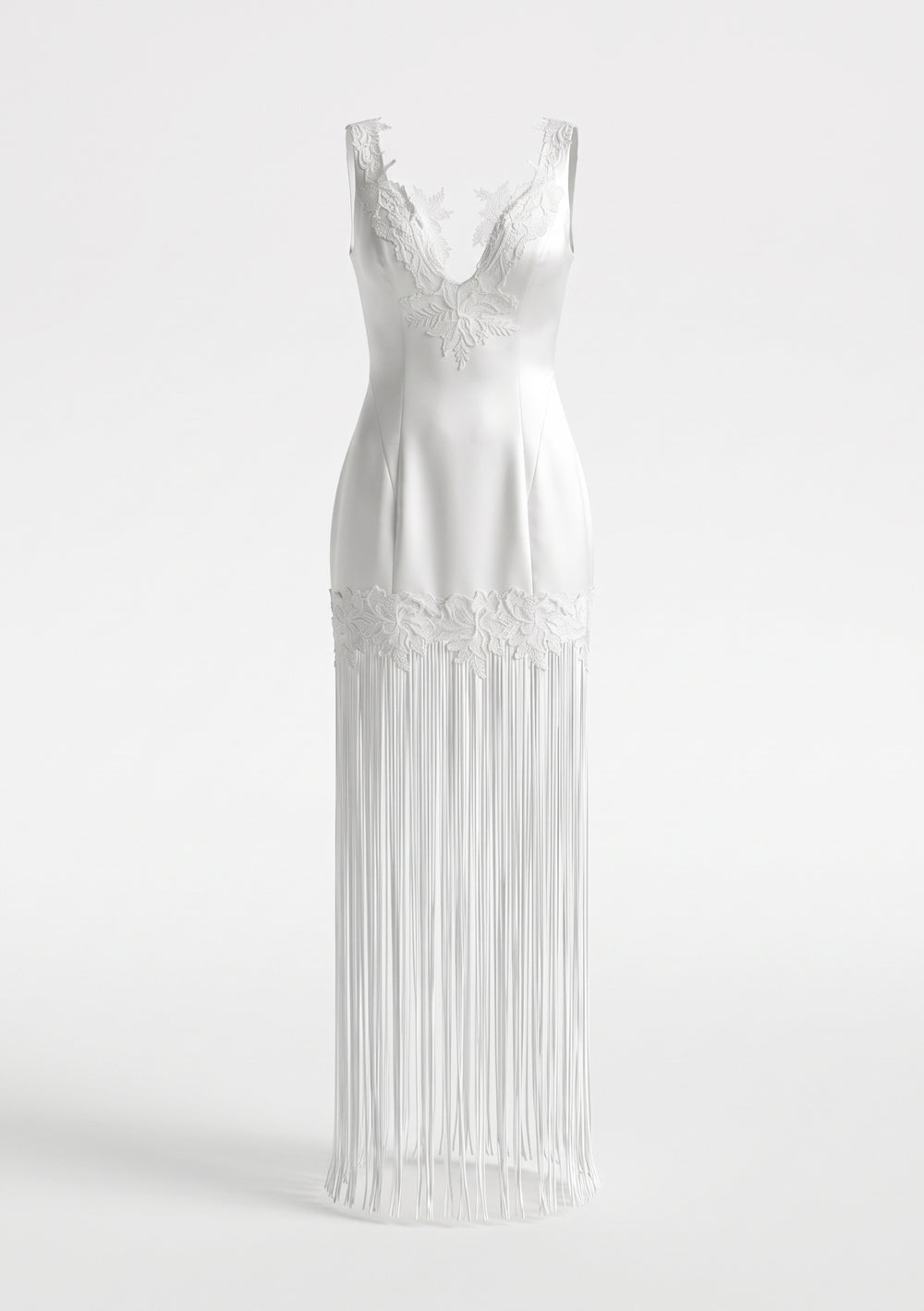 Lily fringe bridal dress, full-length front view: white satin V-neck mini with long fringe to the floor