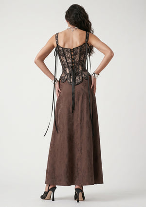 La Musa Baroque brown jacquard maxi skirt, back view, styled with the Baroque lace corset