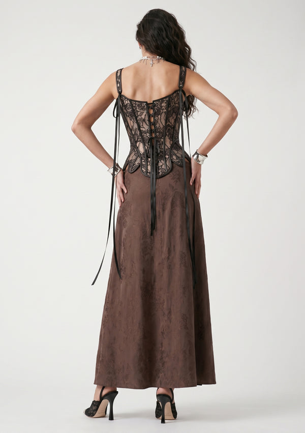 La Musa Baroque brown jacquard maxi skirt, back view, styled with the Baroque lace corset