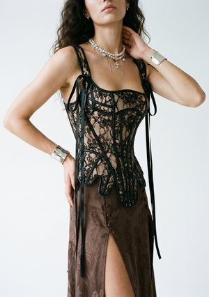La Musa Baroque jacquard maxi skirt waist with button placket and slit, layered under the Baroque lace corset, close-up