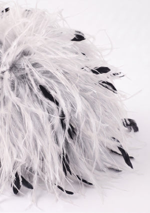 Close-up of the white ostrich feathers with black flecks on the White Feather Bag.