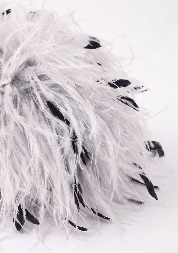 Close-up of the white ostrich feathers with black flecks on the White Feather Bag.
