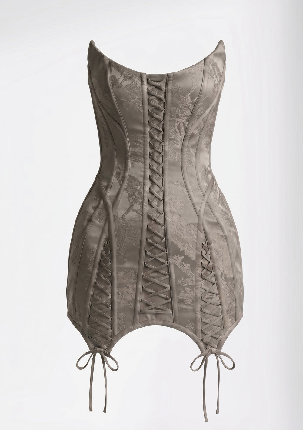Grey jacquard Lucentia corset mini dress with front lace-up panels and pointed tie hem, front view on model