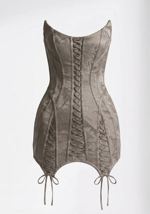 Grey jacquard Lucentia corset mini dress with front and side lace-up panels and pointed tie hem, product view