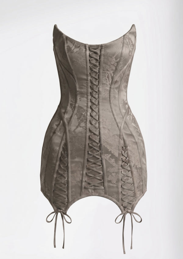 Grey jacquard Lucentia corset mini dress with front and side lace-up panels and pointed tie hem, product view