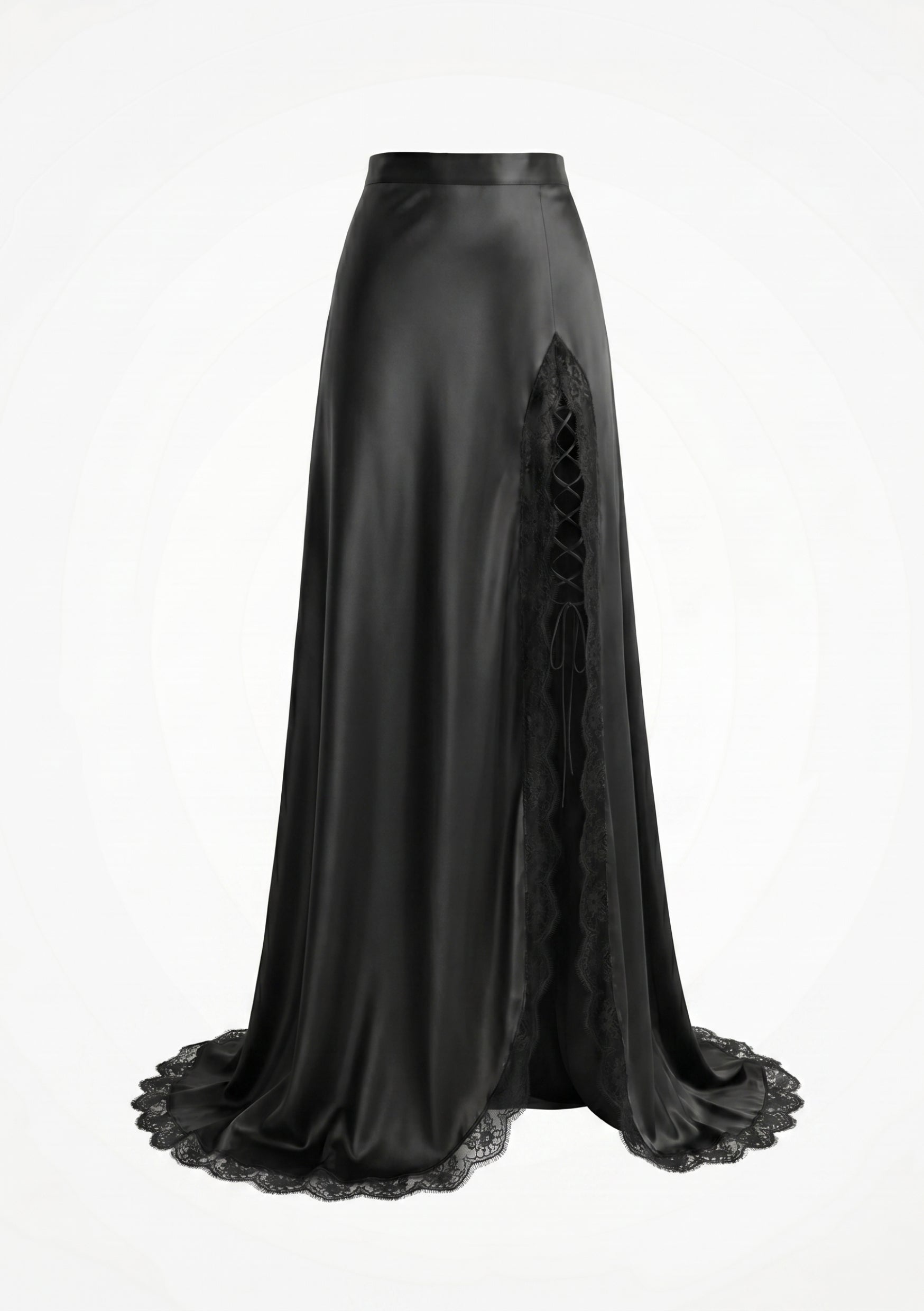 Black Satin Maxi Skirt with Lace Slit - Midnight | La Musa