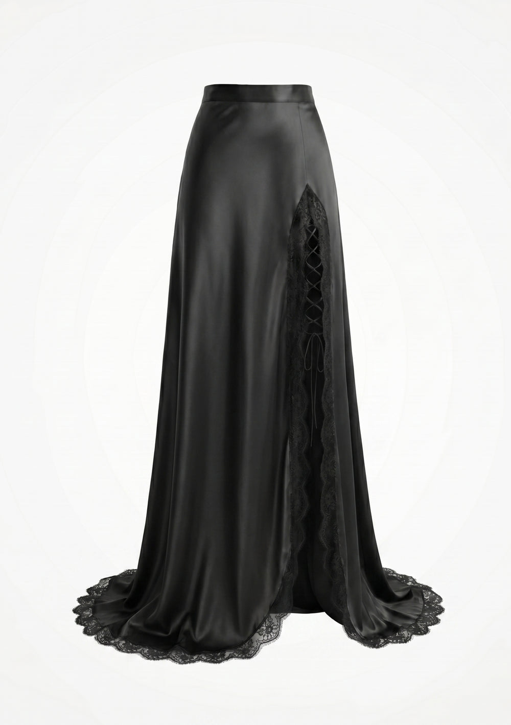 La Musa Midnight black satin maxi skirt with a high lace-edged thigh slit, styled with the Midnight corset, full-length front view