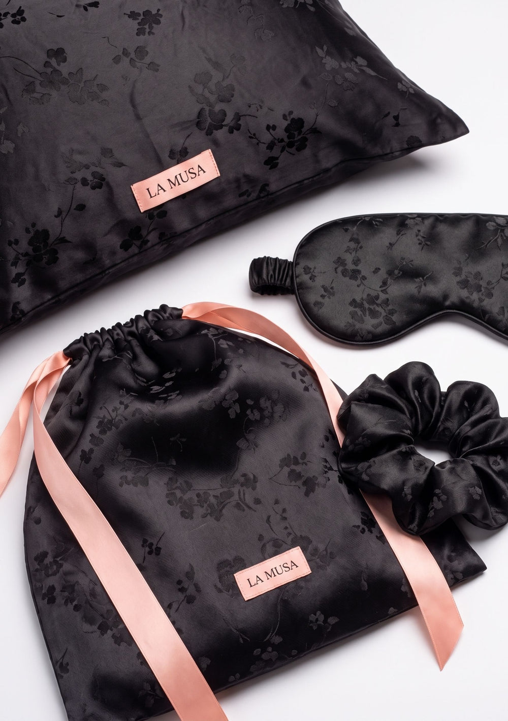 Tenebrae Sleep Set with pillowcase, eye mask, scrunchie and pouch in deep black woven floral jacquard