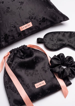 Tenebrae Sleep Set with pillowcase, eye mask, scrunchie and pouch in deep black woven floral jacquard