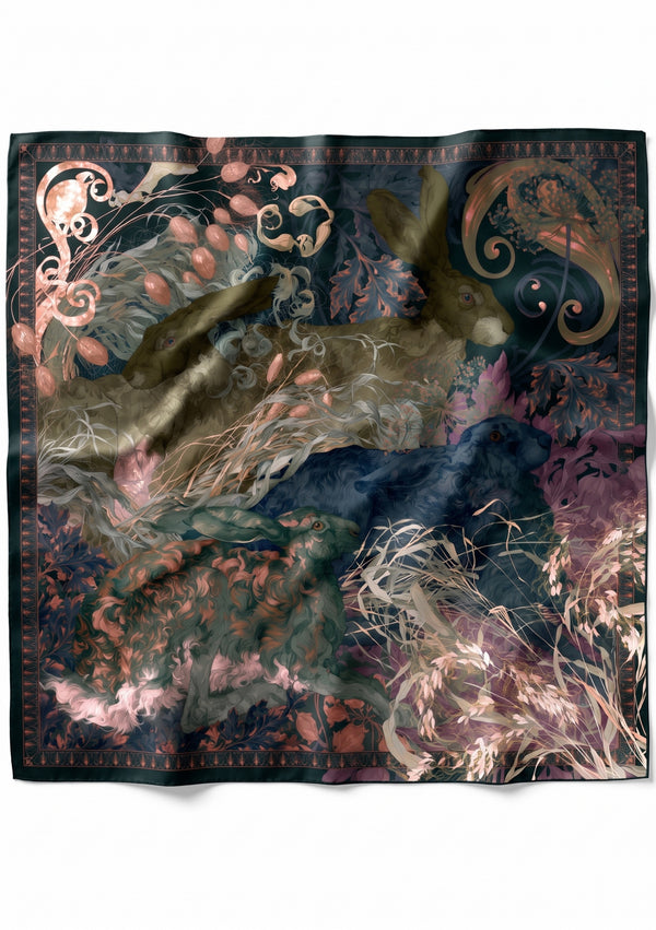 Eostra silk scarf shown flat as a full square, four hares among grasses and oak leaves on deep teal inside a copper border