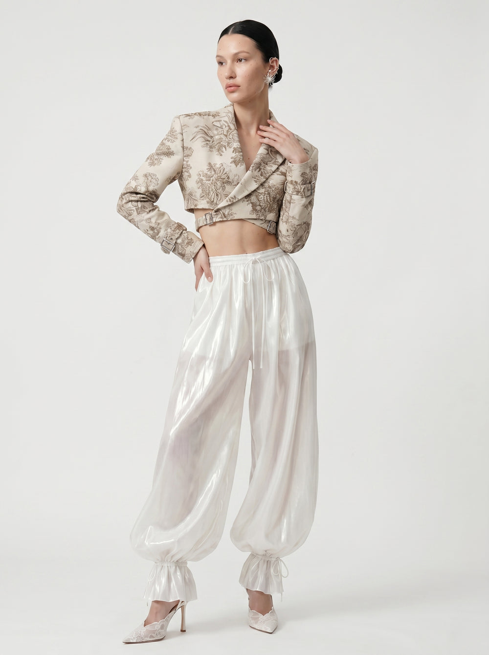 Lunaria Pants ivory balloon trousers front view with Savoy Blazer editorial look