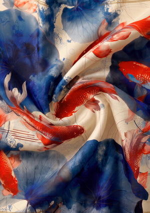 Sumi Scarf silk swirled into a spiral, showing the fluid drape of the blue ink-wash lotus and vermilion koi print on cream