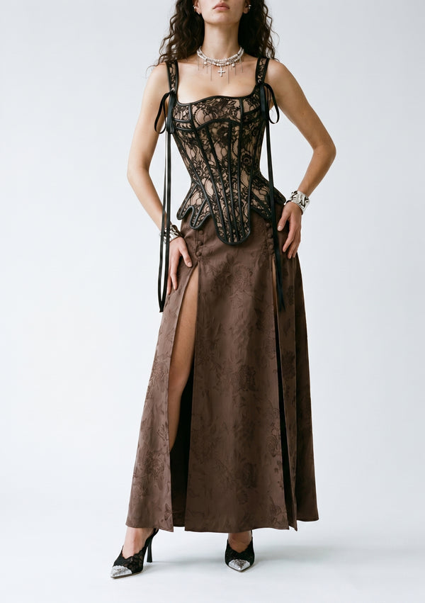 La Musa Baroque brown jacquard maxi skirt styled with the Baroque lace corset, full-length front view